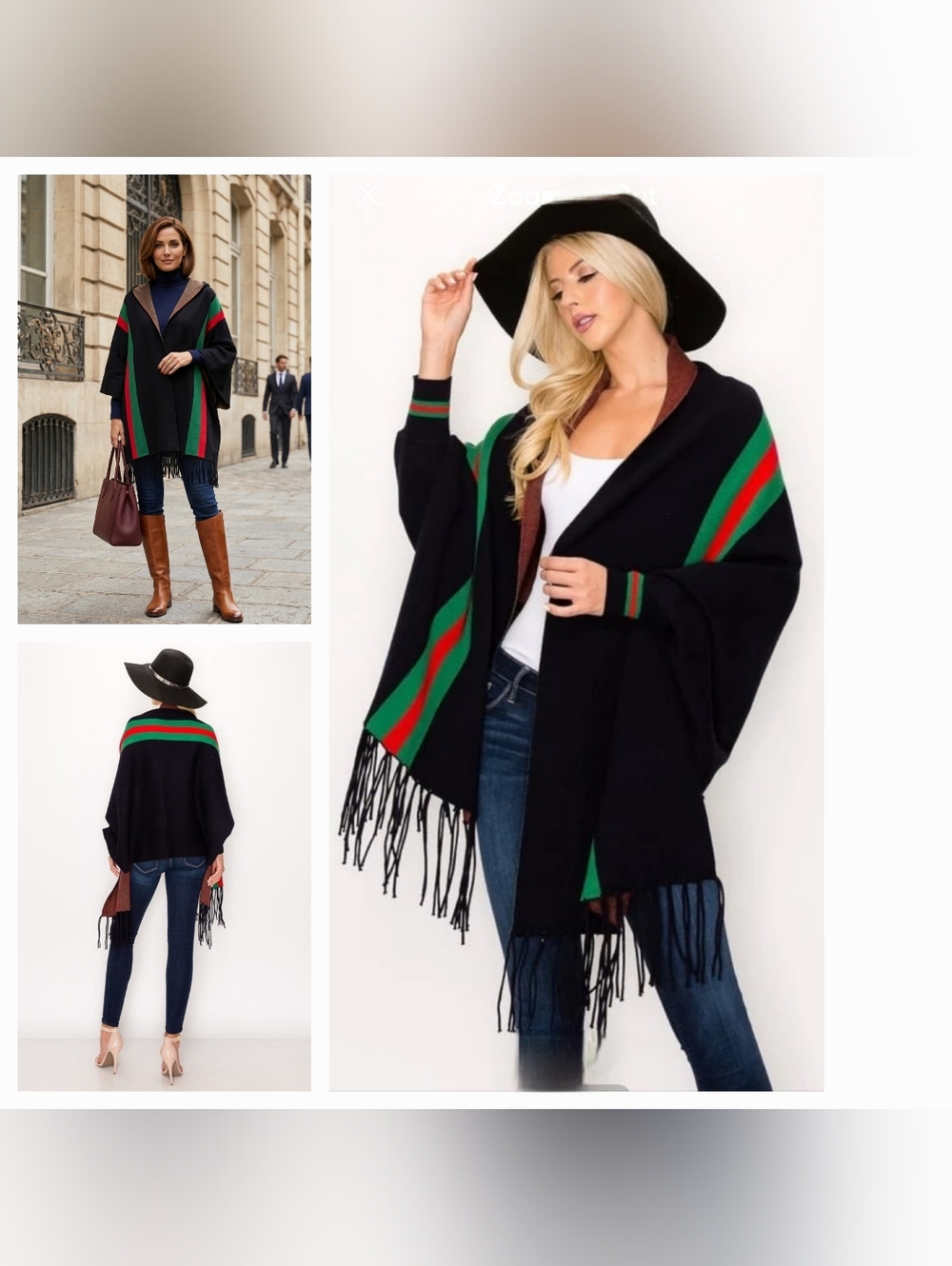 Fancy Poncho with Red and green stripe black poncho shawl sweater